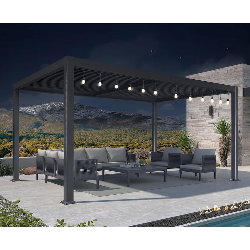 PURPLE LEAF Outdoor Louvered Pergola with Adjustable Metal Roof for Patio Pergola - 10' x 14' - Grey(String Light )