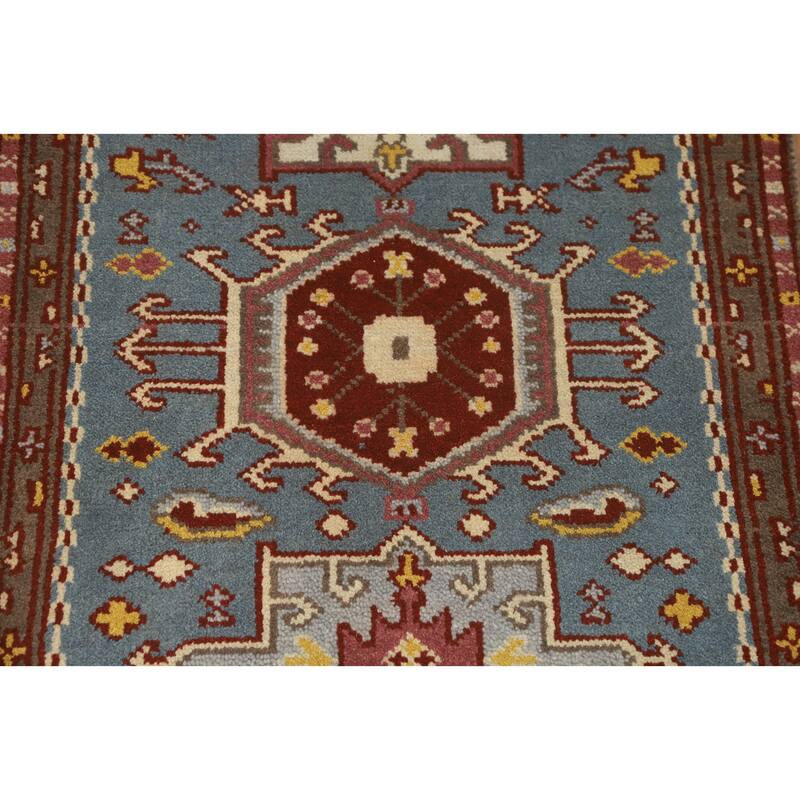 Hand-knotted Traditional Wool Blue Geometric Oriental Area Rug - 9' 8'' X 2' 6''