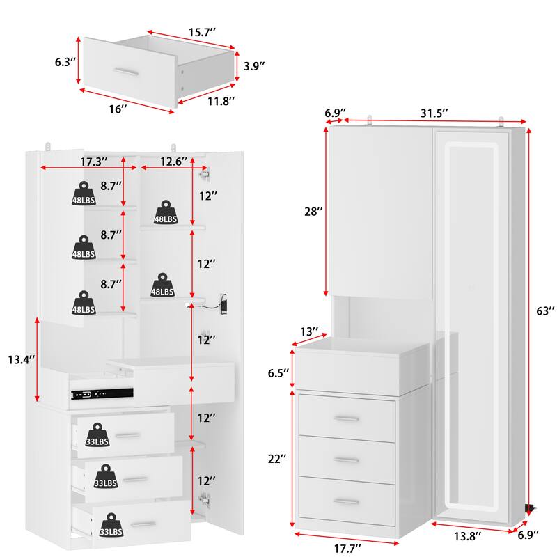 Sleek Storage Dresser with Ambient Mirror Lighting Makup Vanity Table