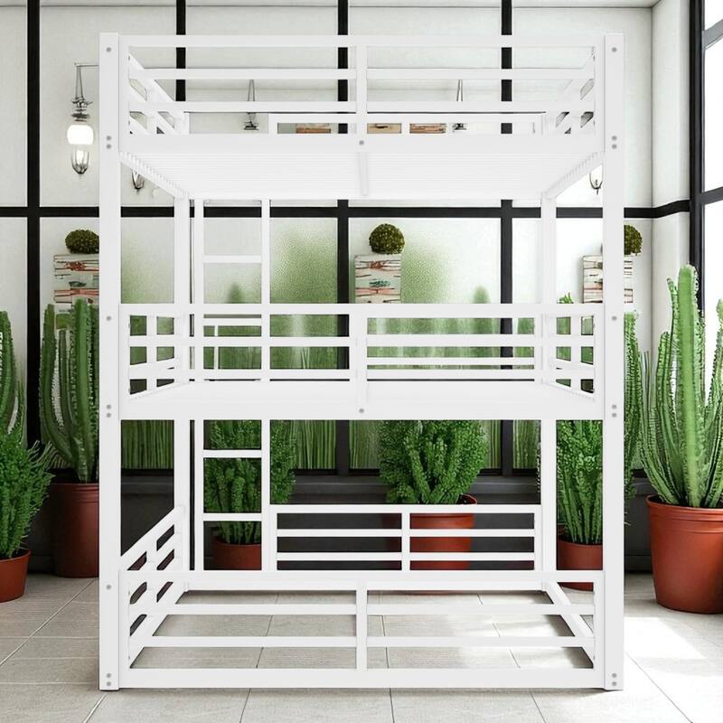 Metal Triple Bunk Bed Twin/Full/Twin XL/Queen with Safety Guardrails, Noise-Free Slats, Heavy Duty Frame