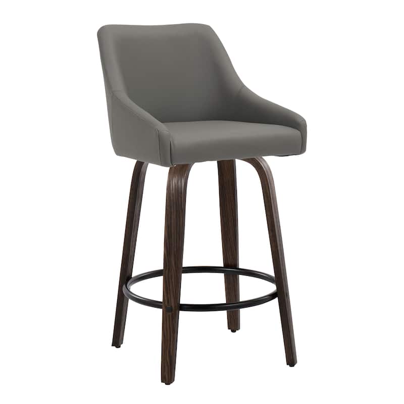 The Gray Barn Hadley 26" Fixed-Height Upholstered Counter Stool with Bent Wood Legs & Round Footrest (Set of 2) - Dark Grey Faux Leather/Glazed Walnut/Black Metal