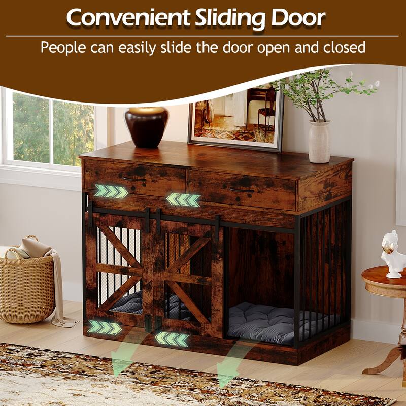 Double Dog Crate Furniture w/Drawers for Small Dogs, Rustic Farmhouse Dog Kennel End Table, Sliding Barn Doors - 47.2"W