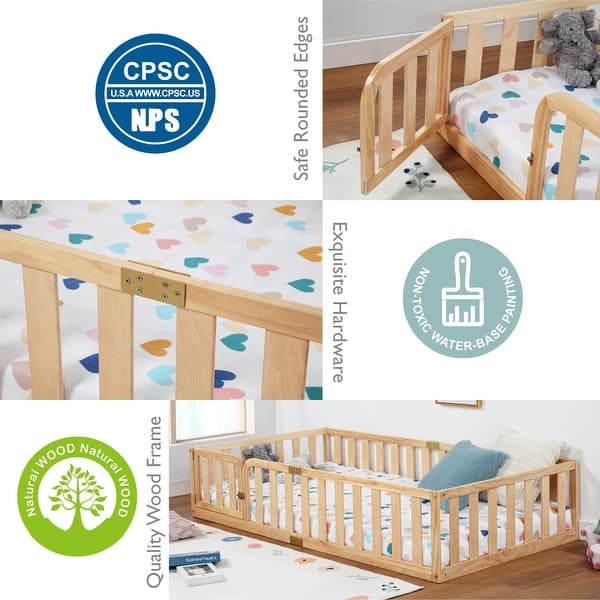 dimension image slide 1 of 3, COSTARS Toddler Floor Bed with Rails for Kids, Montessori Wooden Twin Bed Frame with Door, Low to Ground