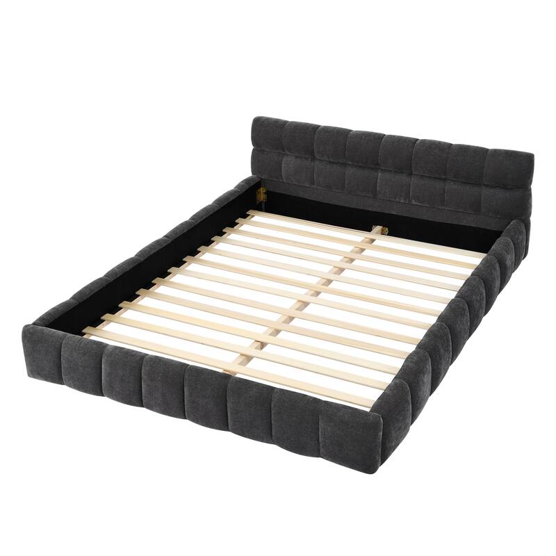 Queen Upholstered Platform Bed Frame with Chenille Fabric, Sturdy Frame, and Headboard, No Box Spring Needed, Bedroom Furniture