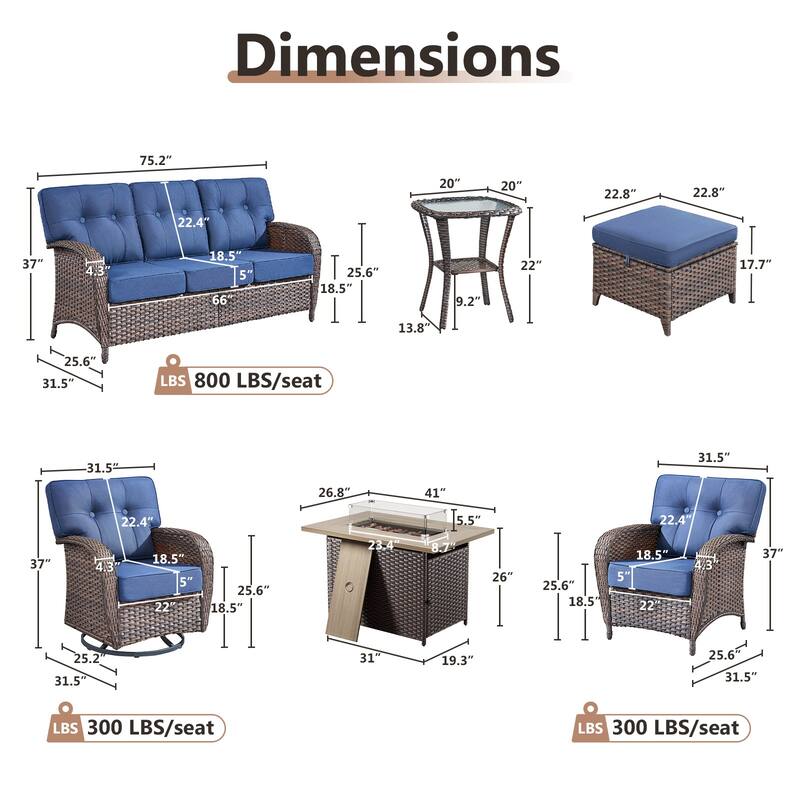 TWrap Wicker Patio Fire Pit Conversation Set with 3-Seat Sofa & Swivel Gliders & Armchairs