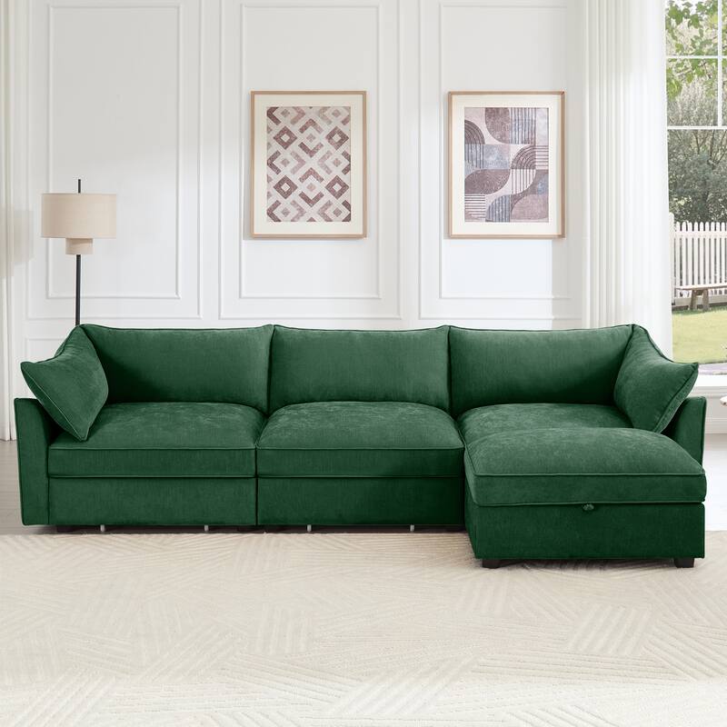L-Shaped 3-Seater Sectional Sofa Couch with 1 Movable Ottoman & Drawers