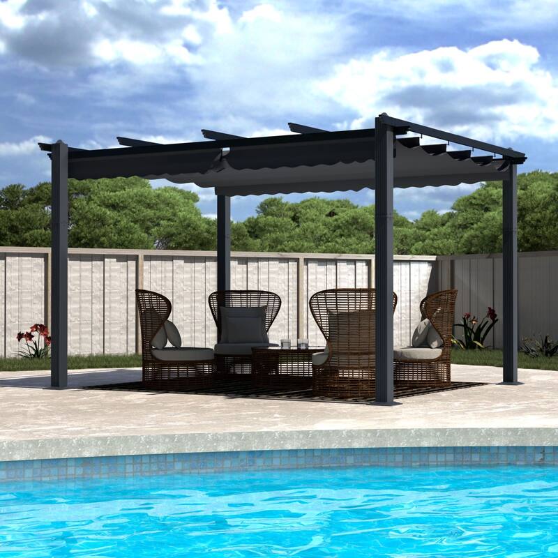 VEIKOUS 10' x 10' Outdoor Aluminum Pergola Gazebo with Retractable Canopy for Patio and Backyard - Grey