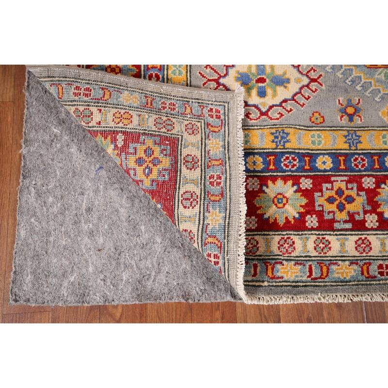 Gray Geometric Kazak Oriental Area Rug Hand-Knotted Wool Carpet - 4'11" x 6'10"