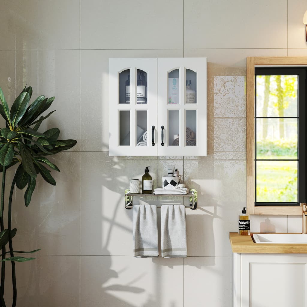 Roomfitters Wall Mounted Bathroom Storage Cabinet with Arched Windowpane Glass Door Modern White Floating Medicine Hutch, White
