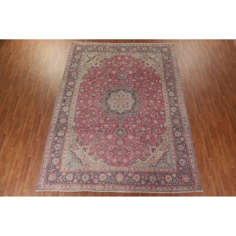 Hand Knotted Oriental 100% Wool Carpet Traditional Floral Pink Tabriz Area Rug - 12' 11'' X 9' 9''