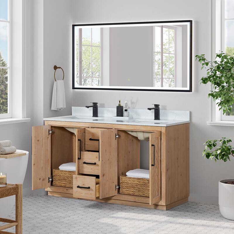 Anais Single Bathroom Vanity in Light Brown with Grain White Engineered Stone Countertop with Mirror