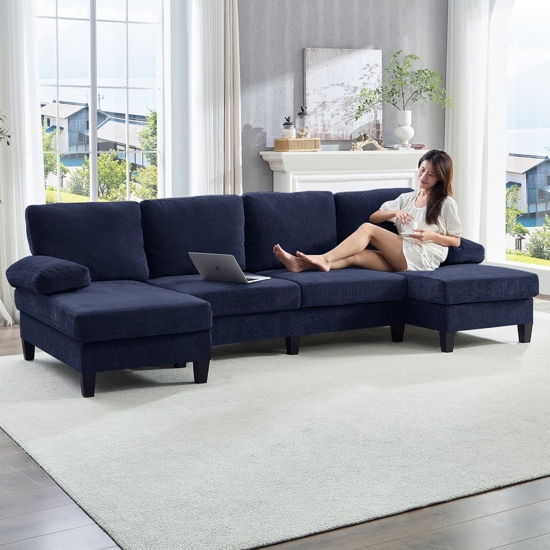 Mixoy 110"U-Shaped Sectional Couches,Chenille Fabric Upholstered Large 4-Seater Sofa with Double Chaises and Sleepable Armrest