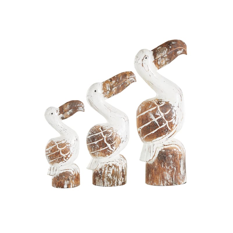 White Wood Handmade Distressed Pelican Decorative Sculpture with Brown Accents (Set of 3)