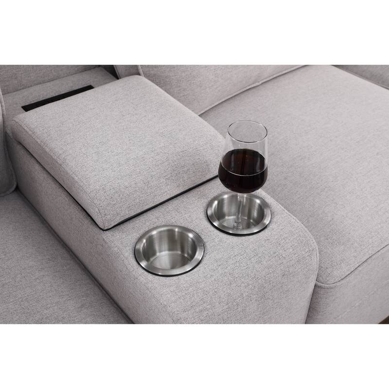 Modern Linen Sectional Sofa with Removable Back Cushions,Accent Sofa with Ottoman,Cupholder and USB port