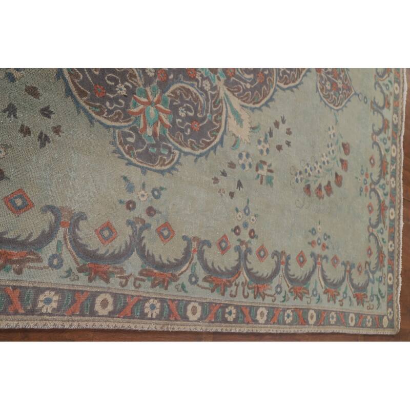 Hand Knotted Oriental 100% Wool Carpet Traditional Medallion Green Tabriz Area Rug - 10' 9'' X 7' 6''