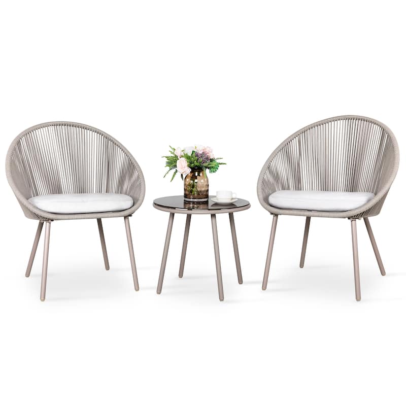 Outdoor 3 Pieces Patio Woven Rope Bistro Set with Cushions