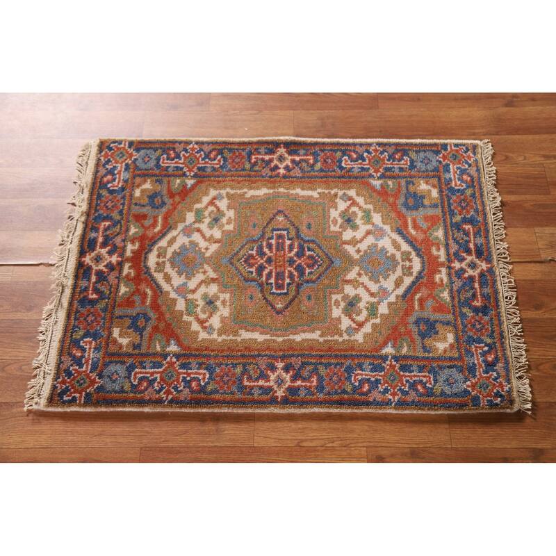 Geometric Beige Heriz Serapi Oriental Area Rug Handmade Wool Carpet - 2'0"x 3'0"