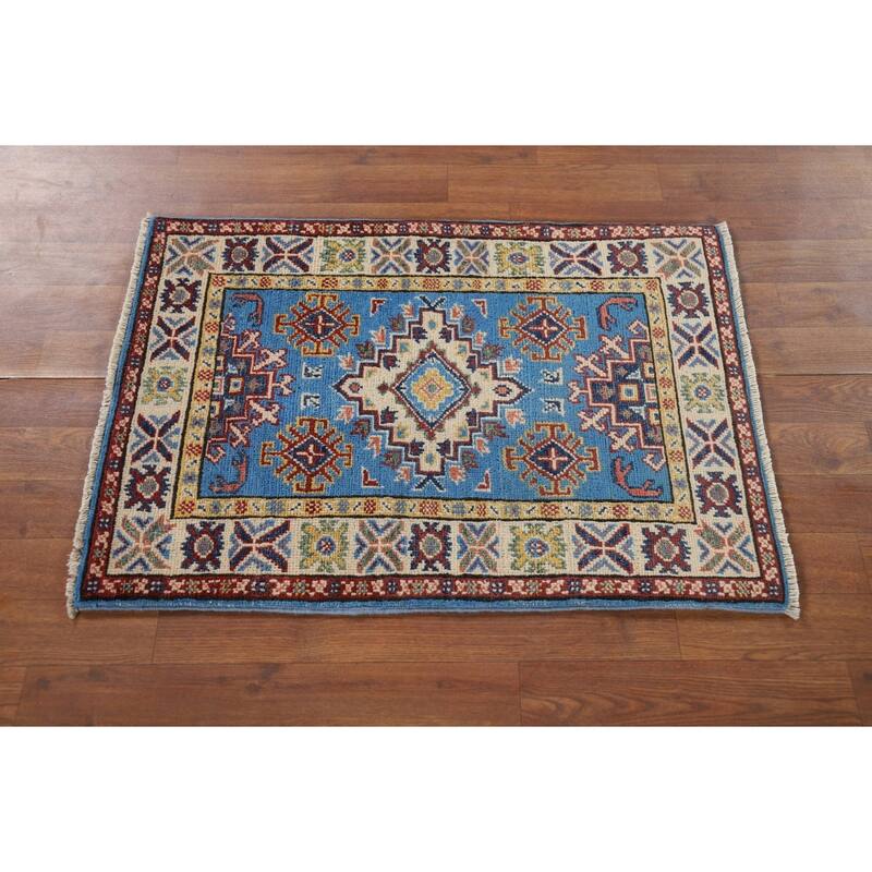 Blue Geometric Kazak Foyer Rug Handmade Oriental Wool Carpet - 2'1" x 3'0"