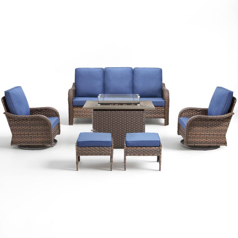 Pocassy Patio Sofa Swivel Chairs Ottoman with Fire Table Funiture