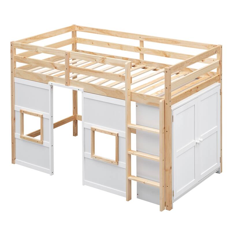 Twin Size Loft Bed with Built-in Storage Wardrobe & 2 Windows, Wooden Bed Frame w/Ladder & Safety Guardrail for Boys & Girls