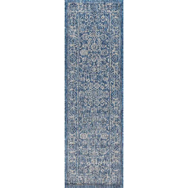 JONATHAN Y Sinjuri Bohemian Textured Weave Floral Indoor/Outdoor Area Rug - 2 X 8 - Navy/Gray