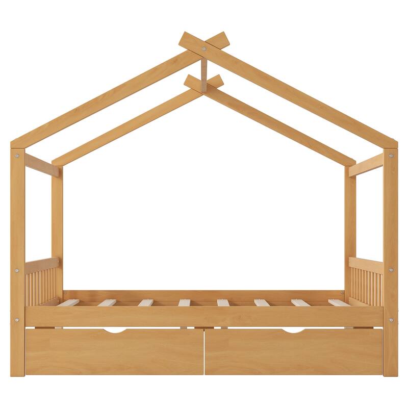Full Size House Platform Bed With Two Drawers,Headboard And Footboard,Roof Design