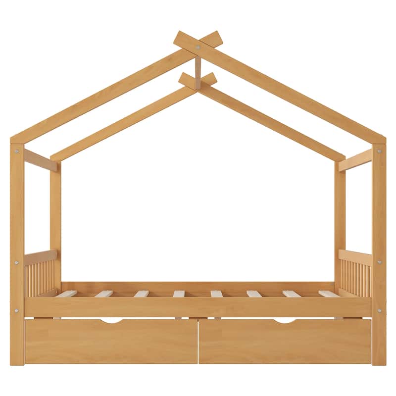Full Size House Platform Bed with 2 Drawers,Headboard and Footboard, Roof Design, White