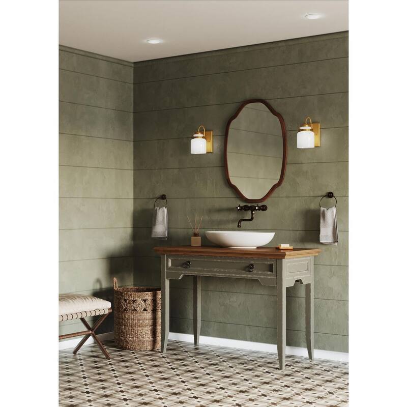 Fessler Collection One-Light Vintage Brass Opal Glass Farmhouse Bath Light - 5 in x 7 in x 9 in