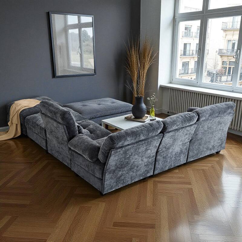 119" 4-Seater Chenille Sofa with 2 Ottomans, 4-Position Adjustable Backrest, 4 Pillows and Easy Assembly for Living Room