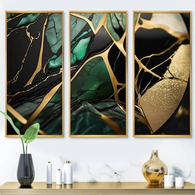 Designart "Abstract Geode Green III" Abstract Marble Framed Canvas Art Print - 3 Panels