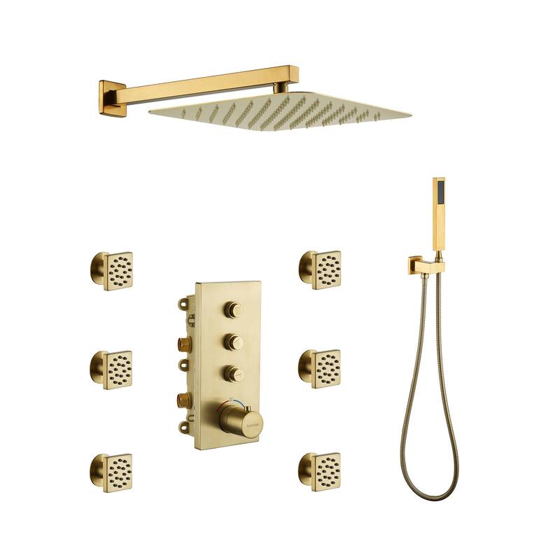 3 Functions 12 Inch Wall Mount Thermostatic Shower System in Brushed Gold - Brushed Gold