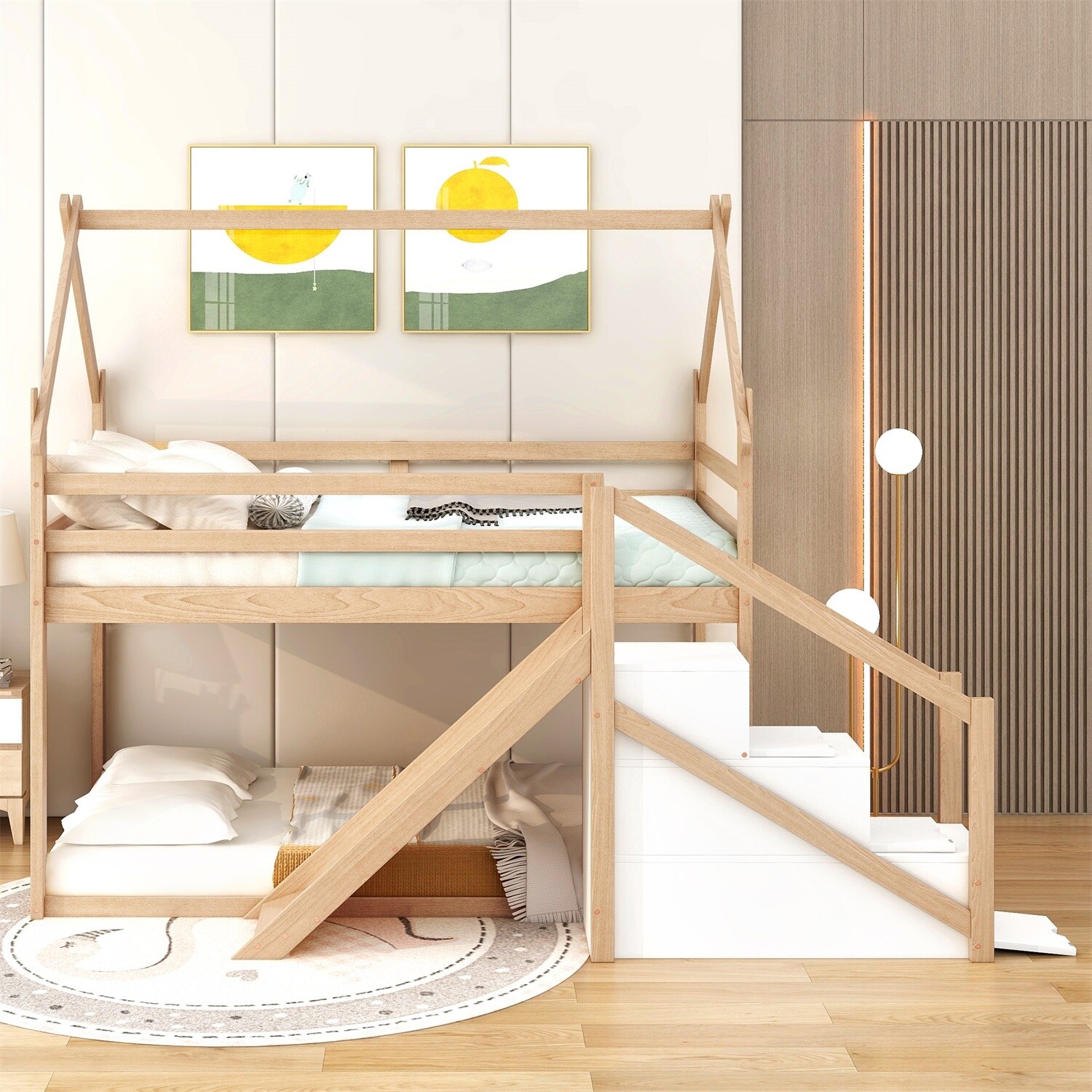 Merax Twin over Twin House Loft or Bunk Bed with Slide and Staircase