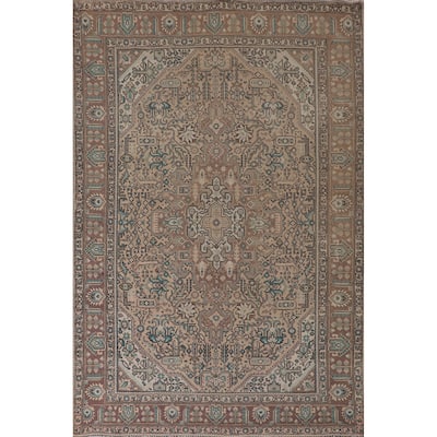 Geometric Peach Tabriz Persian Vintage Rug Hand-Knotted Wool Carpet - 6'4"x 9'5"