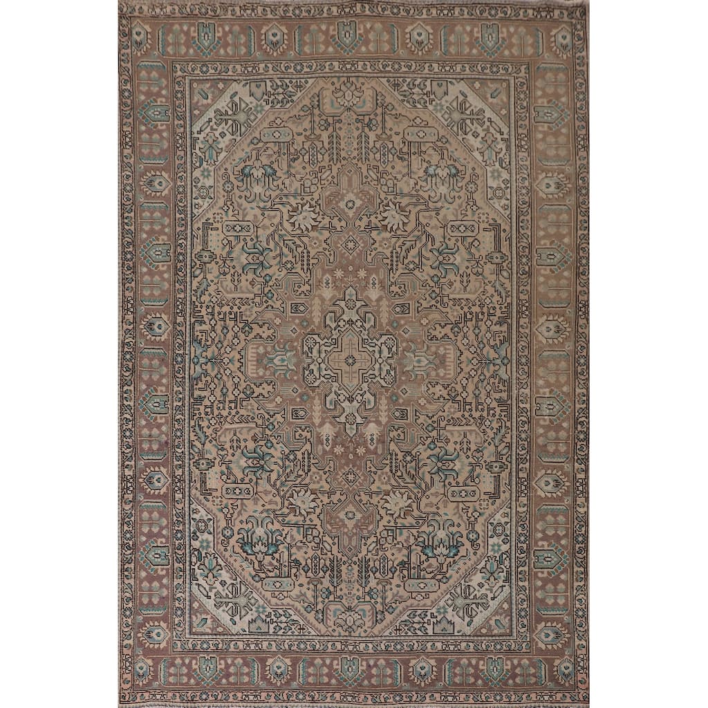 Geometric Peach Tabriz Persian Vintage Rug Hand-Knotted Wool Carpet - 6'4"x 9'5"
