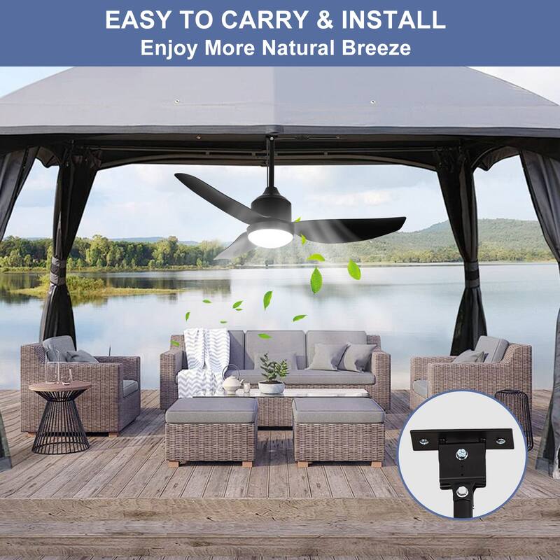 Outdoor Ceiling Fan with Light: 42-52 Inch Hanging - Plug in Waterproof Fans for Patio - Dimmable Remote App Control Black