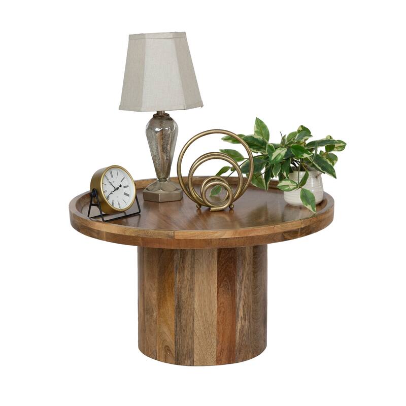 Round Mango Wood Coffee Table with Rimmed Bowl Top - 27.5" Wide Rustic Pedestal Base for Living Room