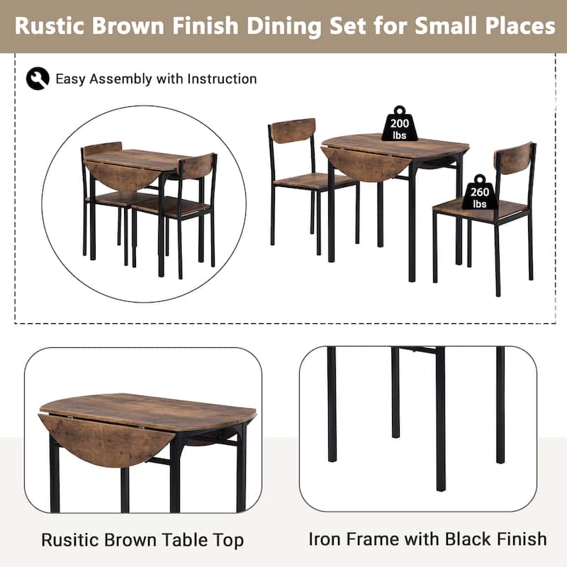 Roomfitters Modern 3-Piece Round Dining Table Set with Dual Drop Leaf and 2 Chairs for Small Spaces, Rustic Brown & Black