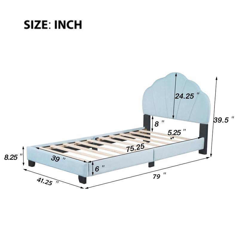 Kids Shell Twin Bed Frame Upholstered Low Profile Platform Bed Slats Supports Child Comfortable Sleep Velvet Bed Frame - Blue