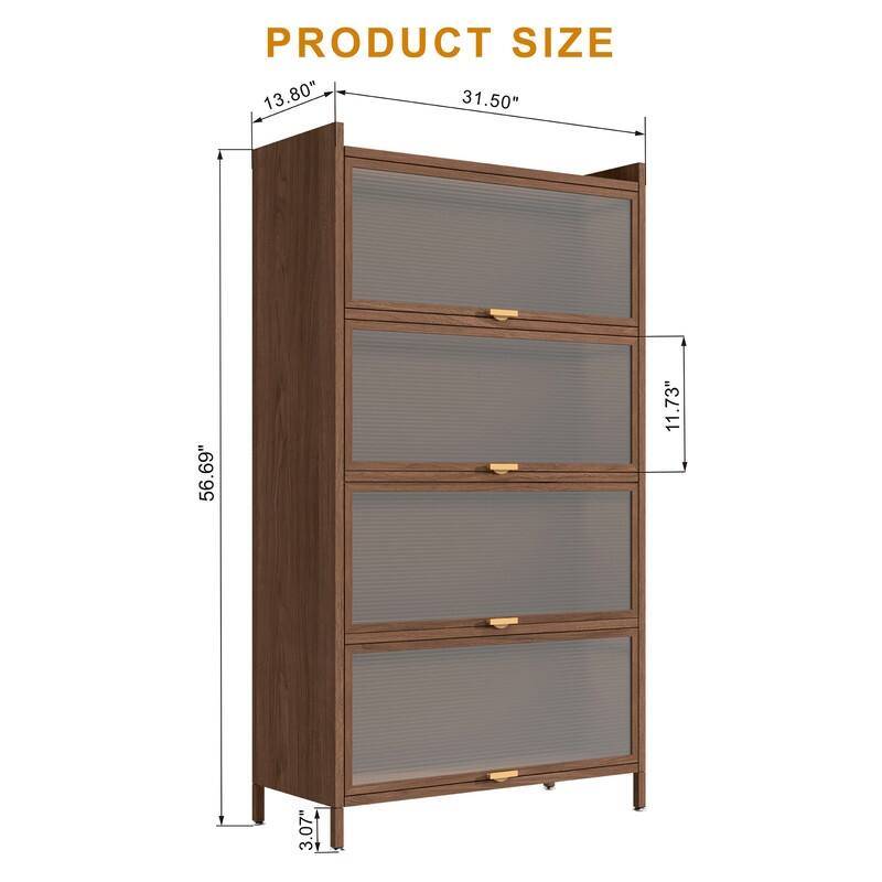 Walnut Finish 4-Door Flip Cabinet, 57" Tall Metal Storage Unit for Home & Office