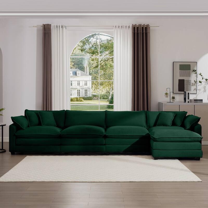 Comfortable 4-Seat Sectional Sofa with High-Resilience Foam & Matching Footstool - Corduroy Upholstery
