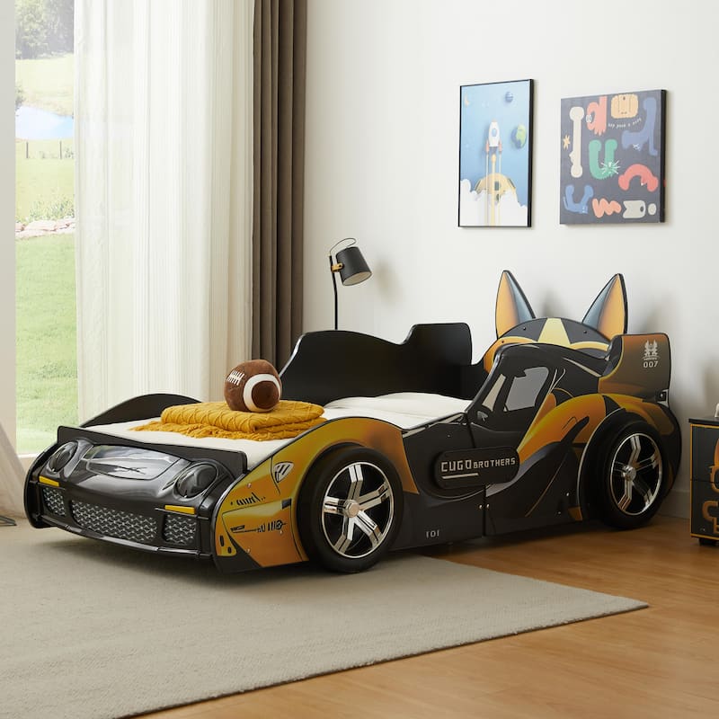 Twin Size Kids Bed Frame, Cool Cartoon Car Bed, Patrol Police Car Bed, Fire Truck Bed, Racing Car Bed for Toddler Floor Bed