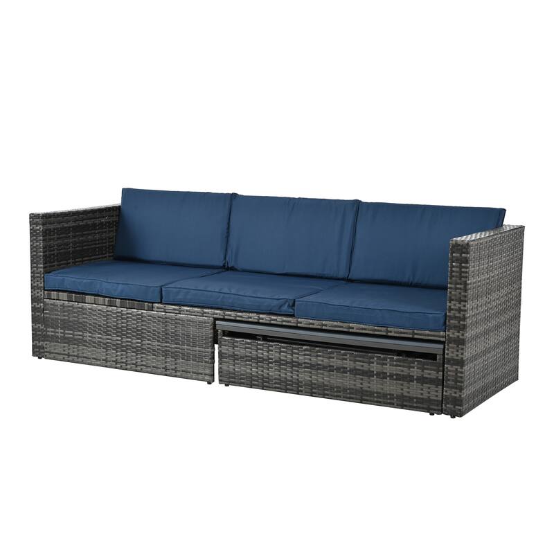 5 Piece Outdoor PE Wicker Sofa Set, Patio Conversation Furniture Set with Lift TOP Coffee Table and Lounger Sofa