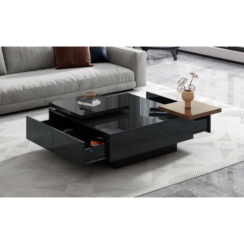 Black Modern Square Wood Coffee Table with Movable Top, High Gloss Finish, 4 Hidden Storage Drawers for Living Room