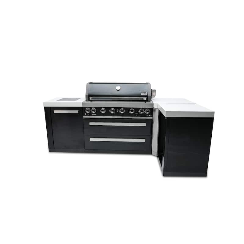 Mont Alpi MAi805-BSS90 L-Shaped 6-Burner Black Stainless Steel Modular Outdoor Kitchen Island Gas Grill + Infrared Side Burner