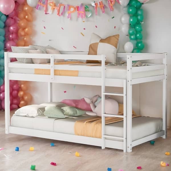 slide 2 of 26, Safety Design Twin over Twin Floor Bunk Bed with Ladder White