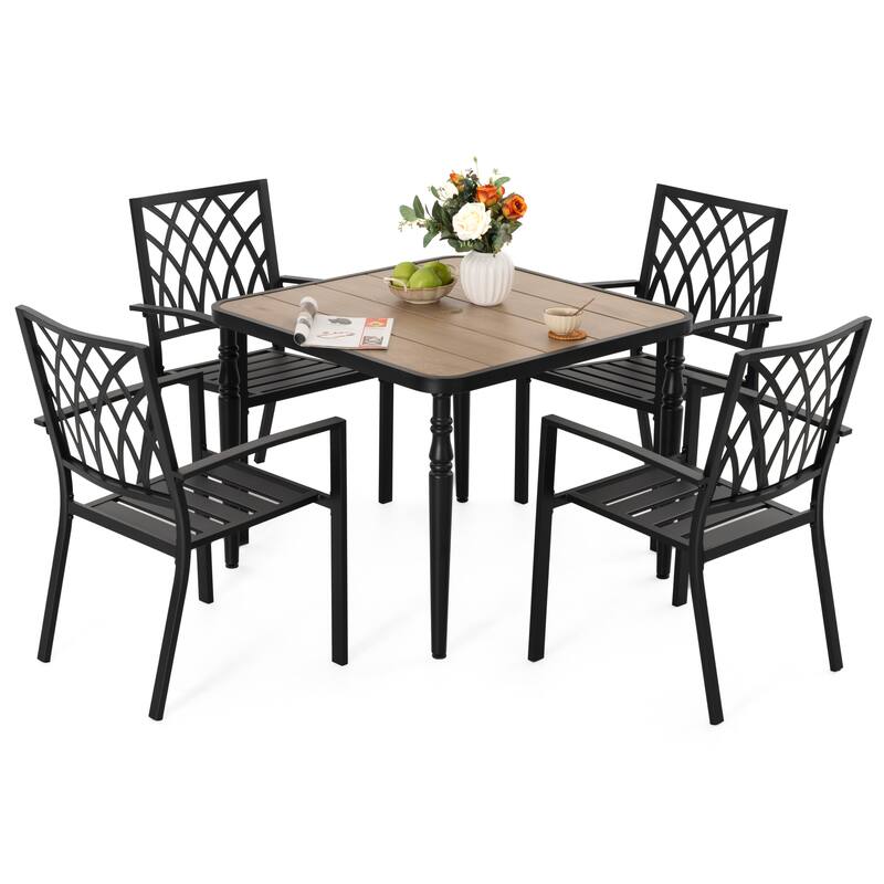 5PCS Patio Stackable Dining Set, Umbrella Hole and Wood-Grain Tabletop