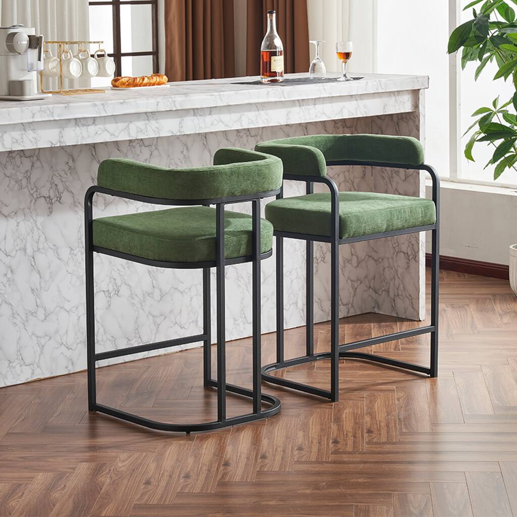 Chenille Bar Stools, Upholstered Counter Height Chairs wMetal Frame & Armrests Dining Chair Set of 2 for Kitchen Island