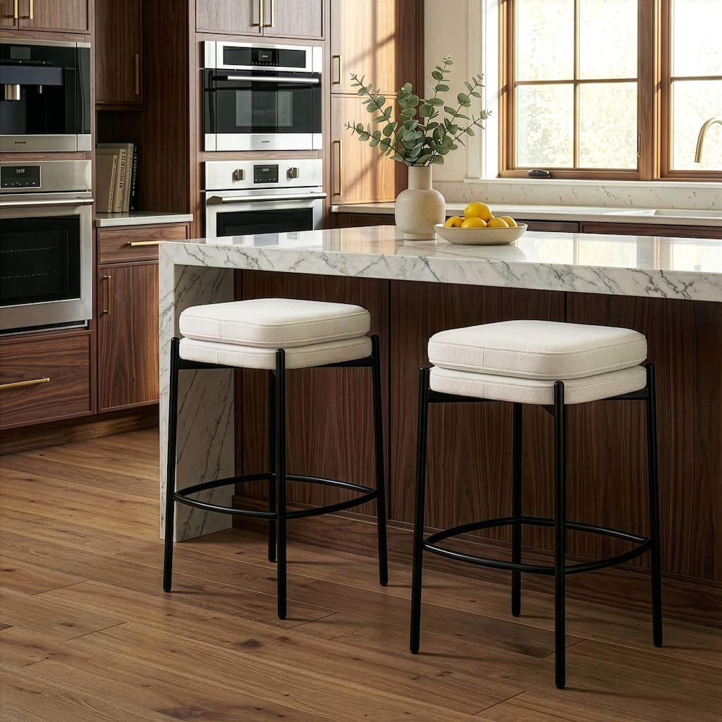 Set of 2 Avril White Boucle Backless Counter Stool with Black Metal Legs