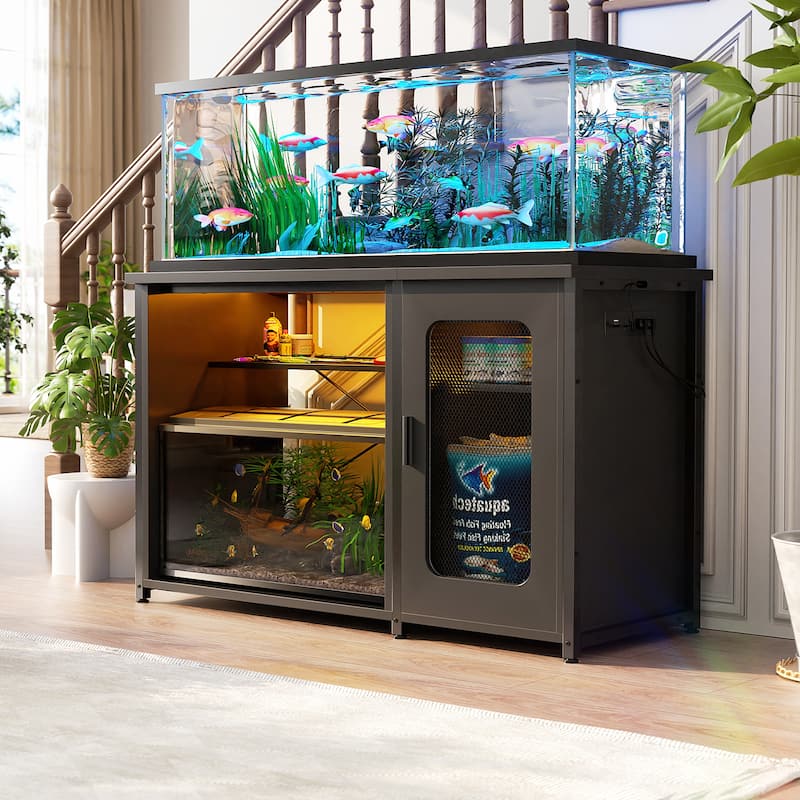 Aquarium Stand with USB Port and LED Light, Fish Tank Stand with Cabinet