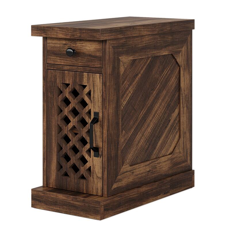Narrow End Table with Drawer & Cabinet, 11.8" Slim Nightstand for Small Spaces, Farmhouse Side Table with Storage Shelf